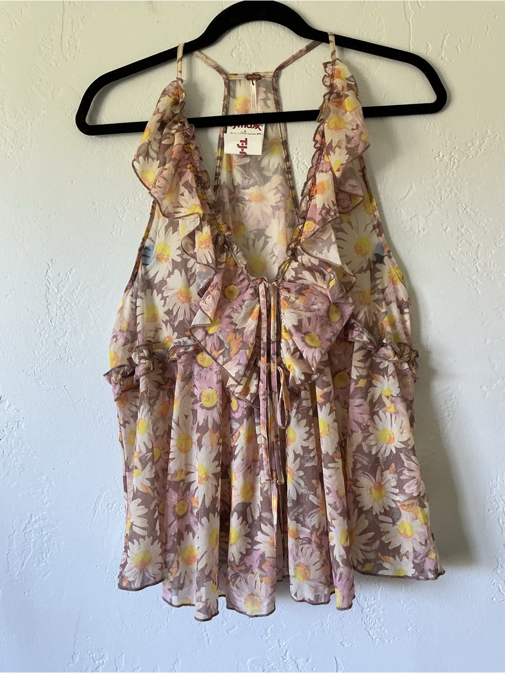 NWT Free People Floral Ruffle Double Tie-Front Cardi Top - Pink Daisy